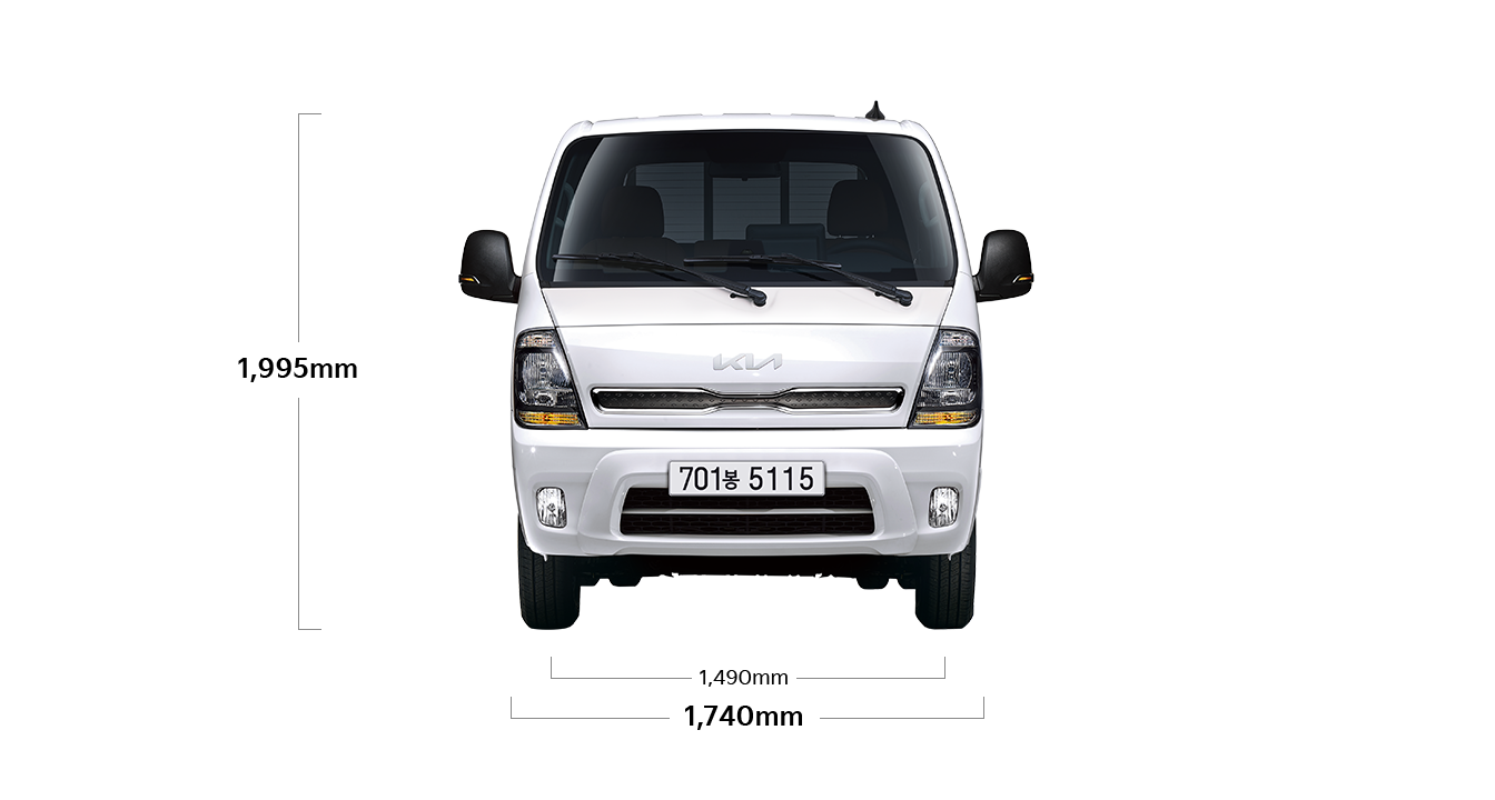 봉고 III 트럭 제원 정면 : 전폭 1,740mm, 전고 1,995mm, 윤거 전 1,490mm
