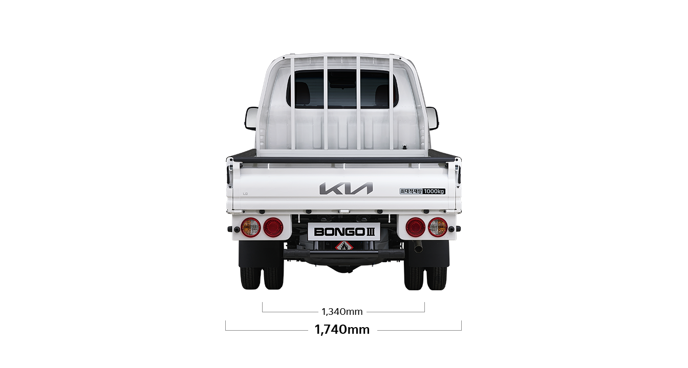 봉고 III 트럭 제원 후면 : 전폭 1,740mm, 윤거 후 1,340mm
