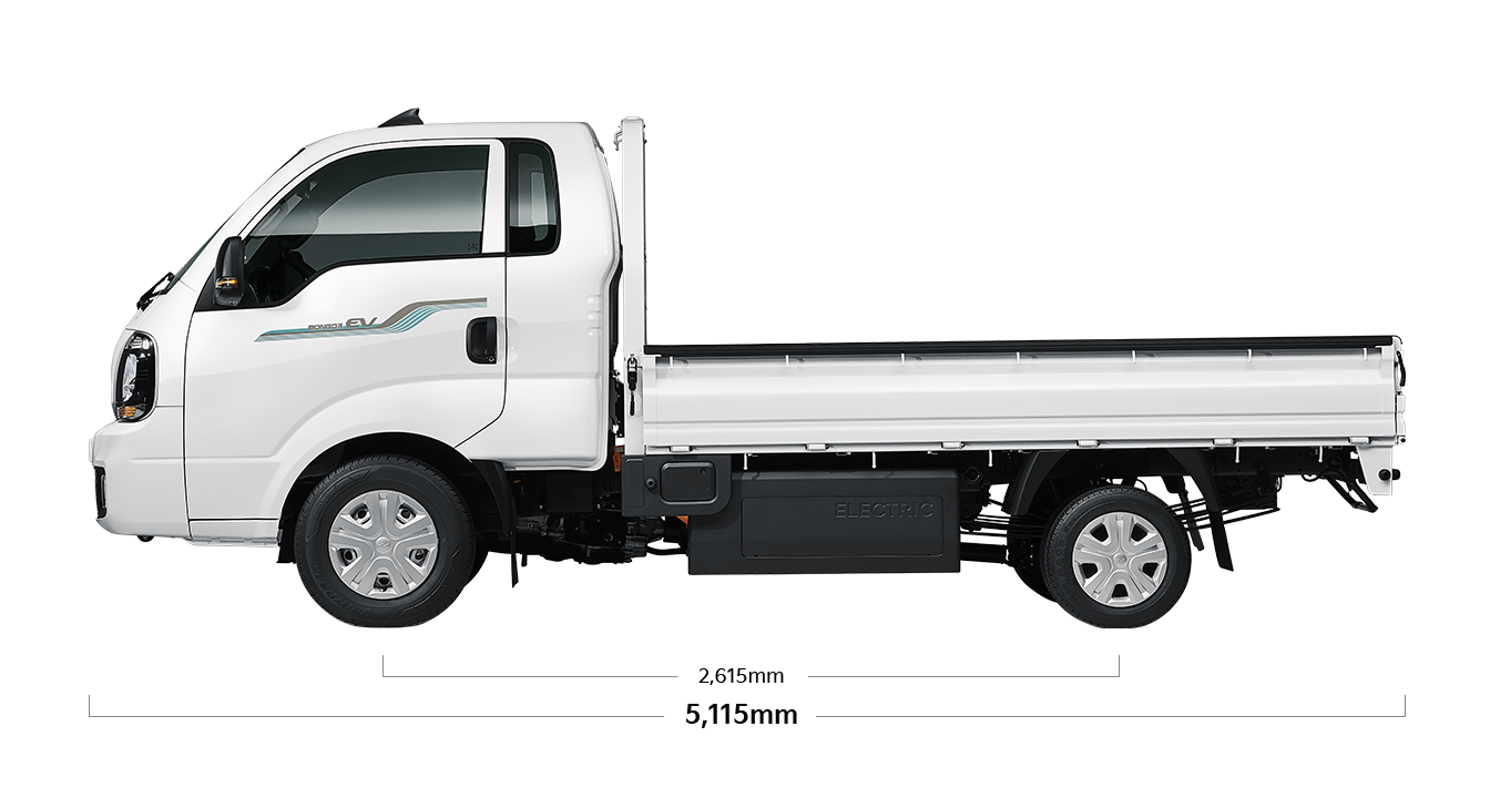 봉고 III EV 제원 측면 : 전장 5,115mm, 축거 2,810mm