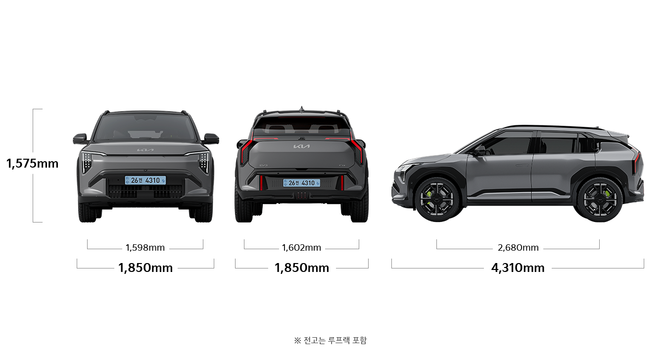 EV3 GT 제원 정면,후면,측면 : 전폭 1,850mm, 전고 1,575mm,  전장 4,310mm, 축거 2,680mm