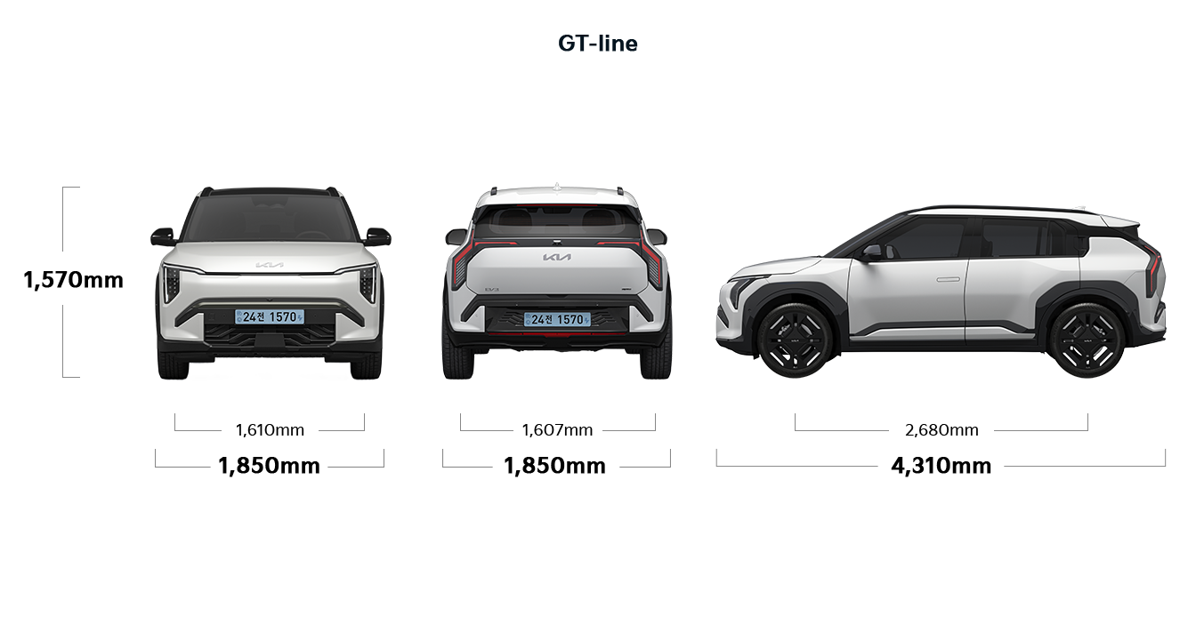 EV3 GT-line 제원 정면,후면,측면 : 전폭 1,850mm, 전고 1,570mm, 윤거 전 1,610mm, 전폭 1,850mm, 윤거 후 1,607mm, 전장 4,310mm, 축거 2,680mm