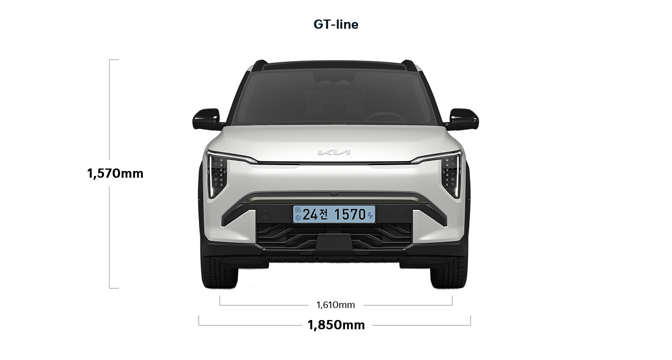 EV3 GT-line 제원 정면 : 전폭 1,850mm, 전고 1,570mm, 윤거 전 1,610mm