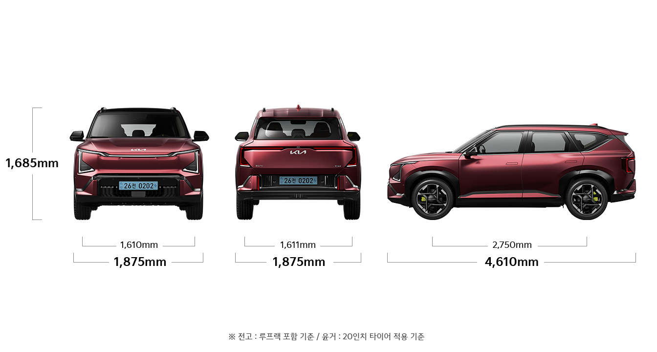 EV5 GT 기본 모델 제원 정면,후면,측면 : 전폭 1,875mm, 전고 1,685mm, 윤거 전 1,610mm, 윤거 후 1,611mm, 전장 4,610mm, 축거 2,750mm