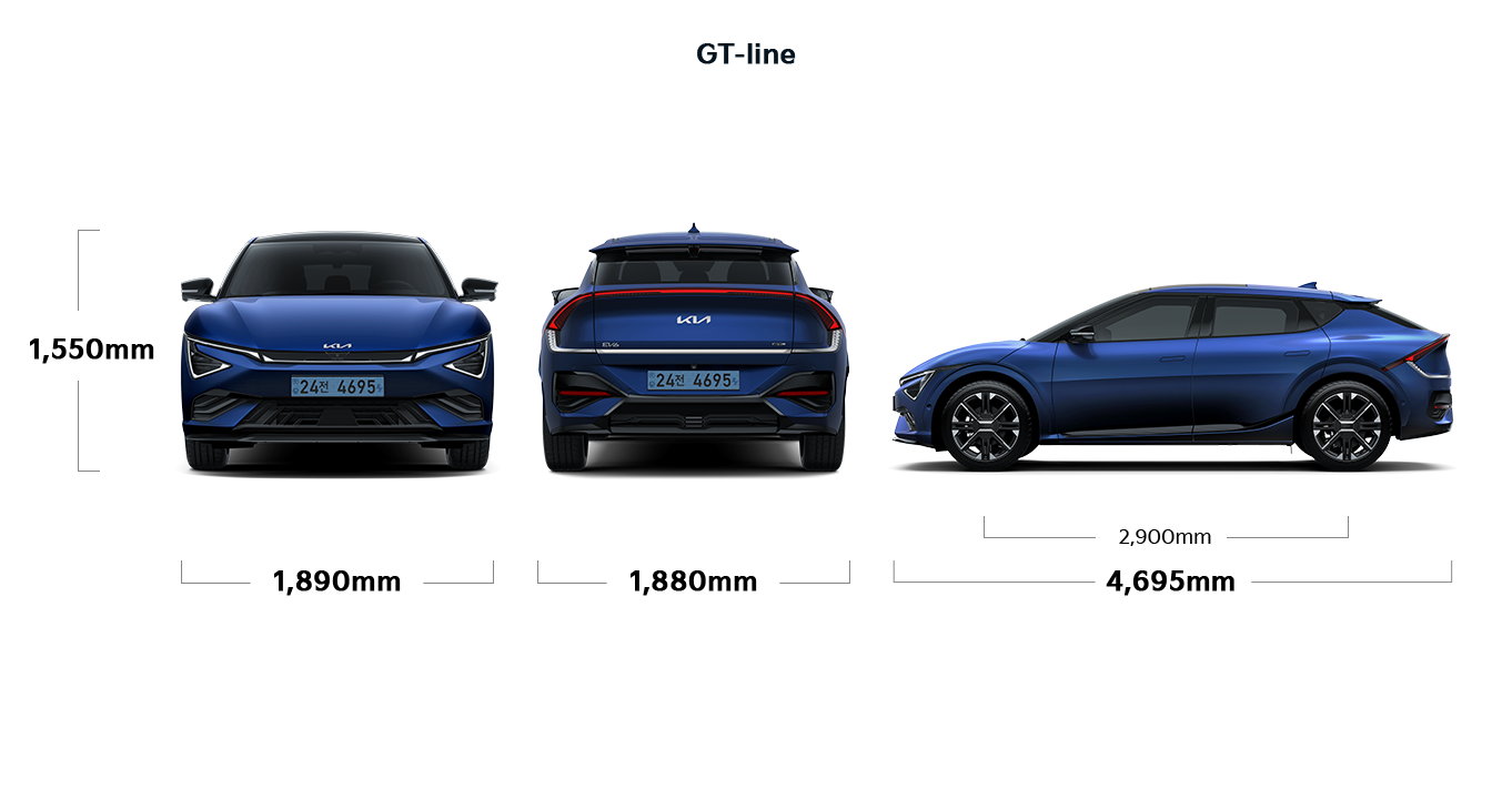 EV6 GT-line 전체 - 전폭 : 1,890mm, 전고 : 1,550mm, 전장 : 4,695mm, 측거 : 2,900mm
