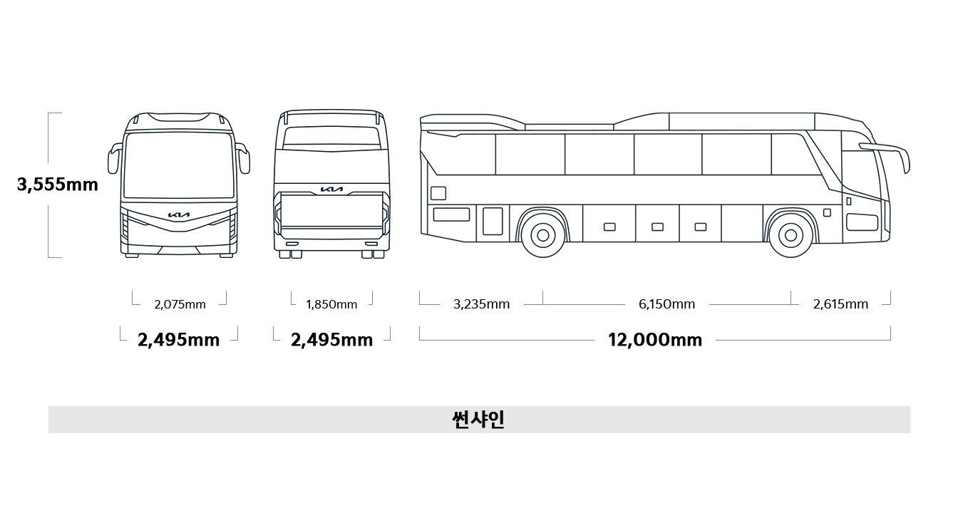 그랜버드 썬샤인 제원 이미지 : 전폭 - 2,495mm 윤거 전 - 2,075mm 윤거 후 - 1,850mm, 전고 - 3,555mm, 전장 - 12,000mm