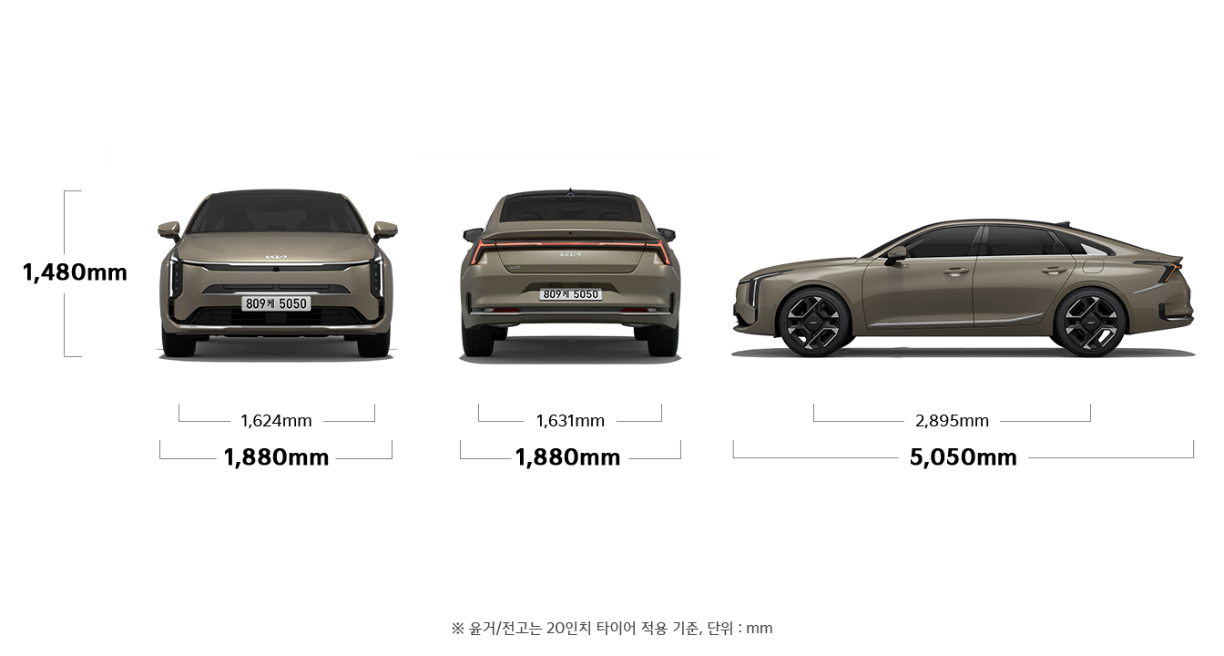 K8 제원 정면,후면,측면 : 전폭 1,880mm, 전고 1,480mm, 윤거 전 1,624mm, 전폭 1,880mm, 윤거 후 1,631mm, 전장 5,050mm, 축거 2,895mm ※ 윤거/전고는 20인치 타이어 적용 기준, 단위 : mm