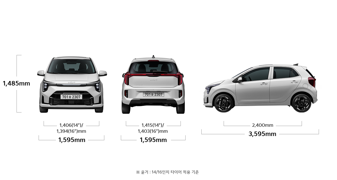 모닝 제원 정면,후면,측면 : 전폭 1,595mm, 전고 1,485mm, 윤거 전 1,406(14")/1,394(16")mm, 전폭 1,595mm, 윤거 후 1,415(14")/1,403(16")mm , 전장 3,595mm, 축거 2,400mm ※ 윤거: 14/16인치 타이어 적용 기준