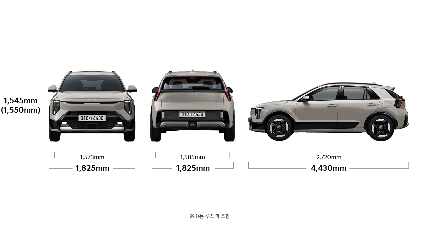 니로 제원 정면,후면,측면 : 전폭 1,825mm, 전고 1,545mm, 윤거 전 1,573mm, 전폭 1,825mm, 윤거 후 1,585mm, 전장 4,430mm, 축거 2,720mm ※ 윤거 : 18인치 타이어 적용 기준