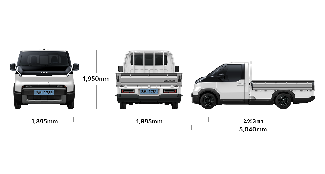 PV5 WAV 제원 정면/후면/측면 : 전폭 1,895mm, 전고 1,905mm, 휠베이스 2,995mm, 전장 5,040mm