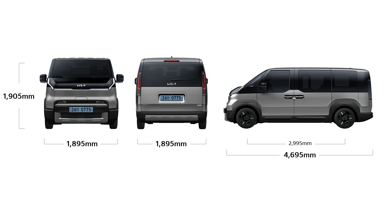 PV5 WAV 제원 정면/후면/측면 : 전폭 1,895mm, 전고 1,905mm, 휠베이스 2,995mm, 전장 4,695mm
