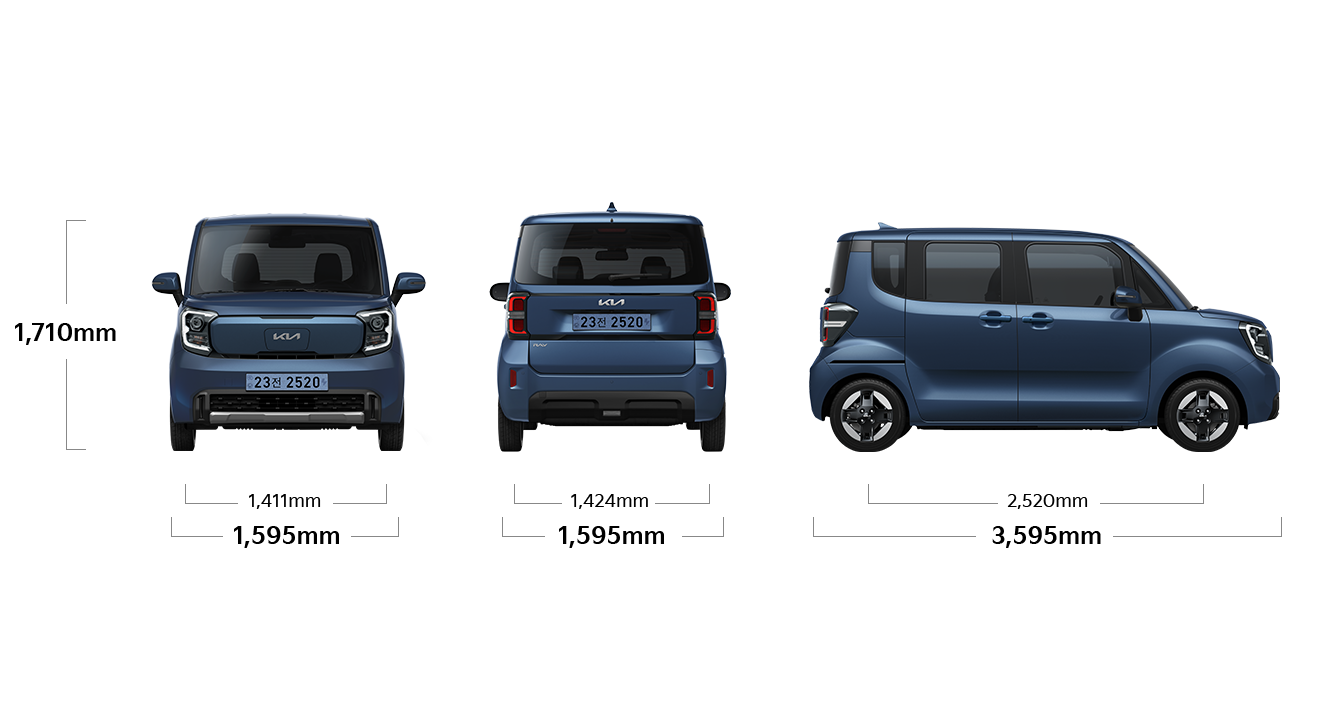 레이 EV 제원 정면,후면,측면 : 전폭 1,595mm, 전고 1,710mm, 윤거 전 1,411mm, 전폭 1,595mm, 윤거 후 1,424mm, 전장 3,595mm, 축거 2,520mm