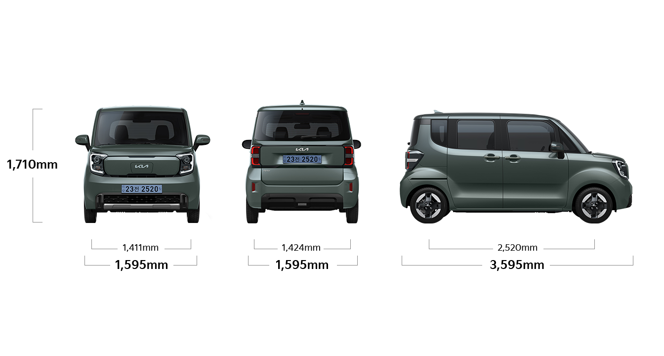 레이 EV 제원 정면,후면,측면 : 전폭 1,595mm, 전고 1,710mm, 윤거 전 1,411mm, 전폭 1,595mm, 윤거 후 1,424mm, 전장 3,595mm, 축거 2,520mm