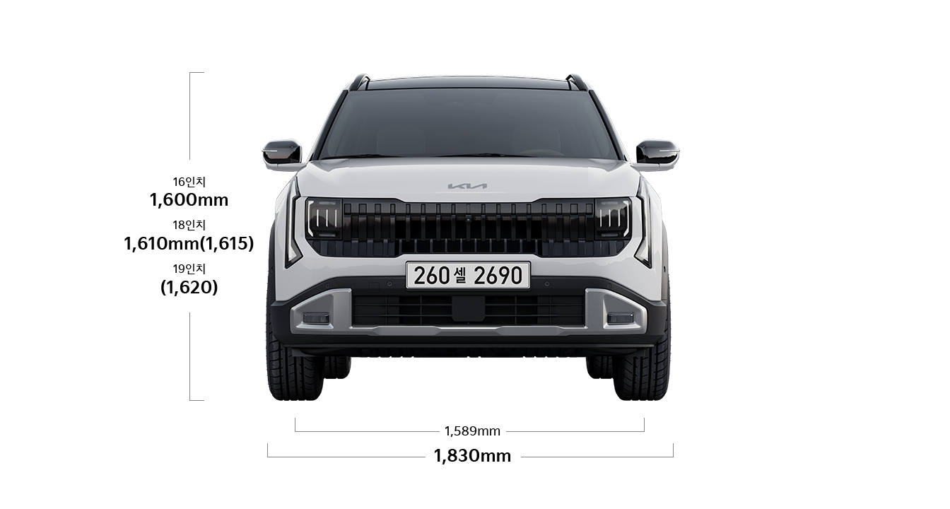 셀토스 제원 정면 : 전폭 1,830mm, 전고 16인치 1,600mm 18인치 1,610mm (1,615) 19인치 1,675mm (1,680), 윤거 전 1,575 / 1,560mm
