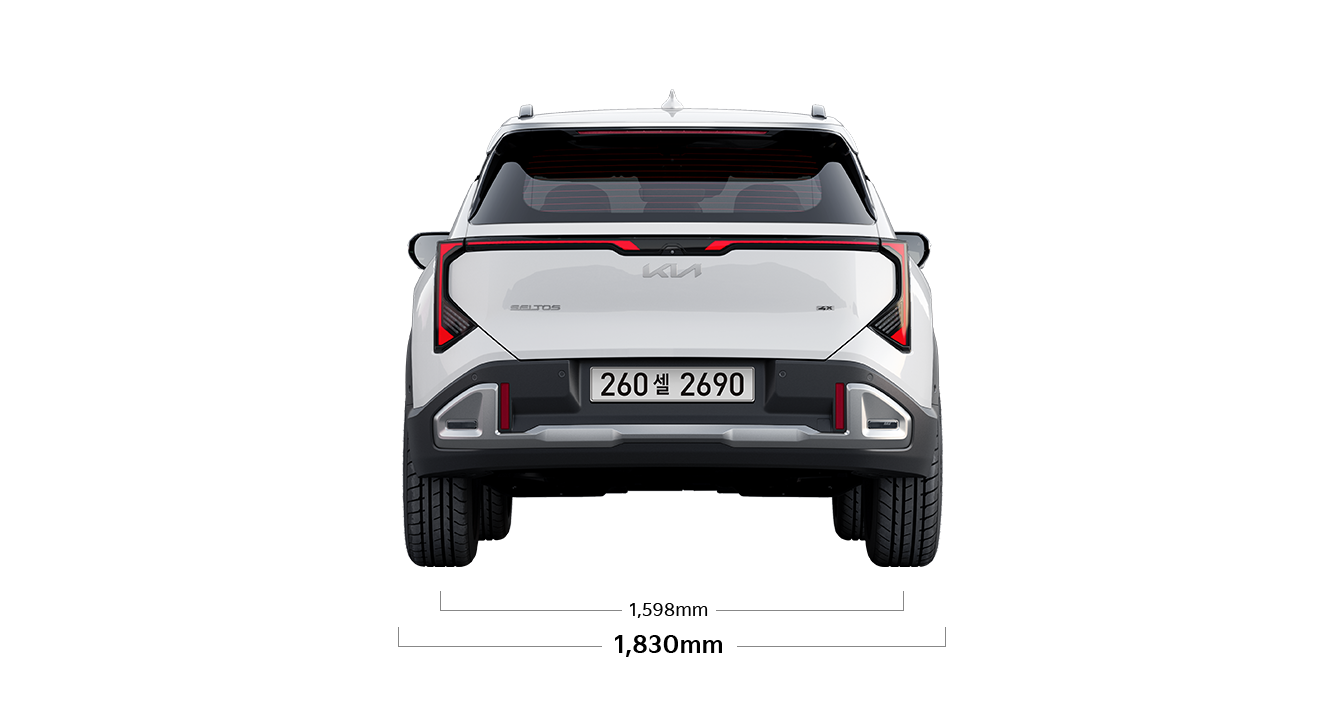 셀토스 제원 후면 : 전폭 1,800mm, 윤거 후 1,584 / 1,568mm (2WD) 1,587/ 1,571mm (4WD)