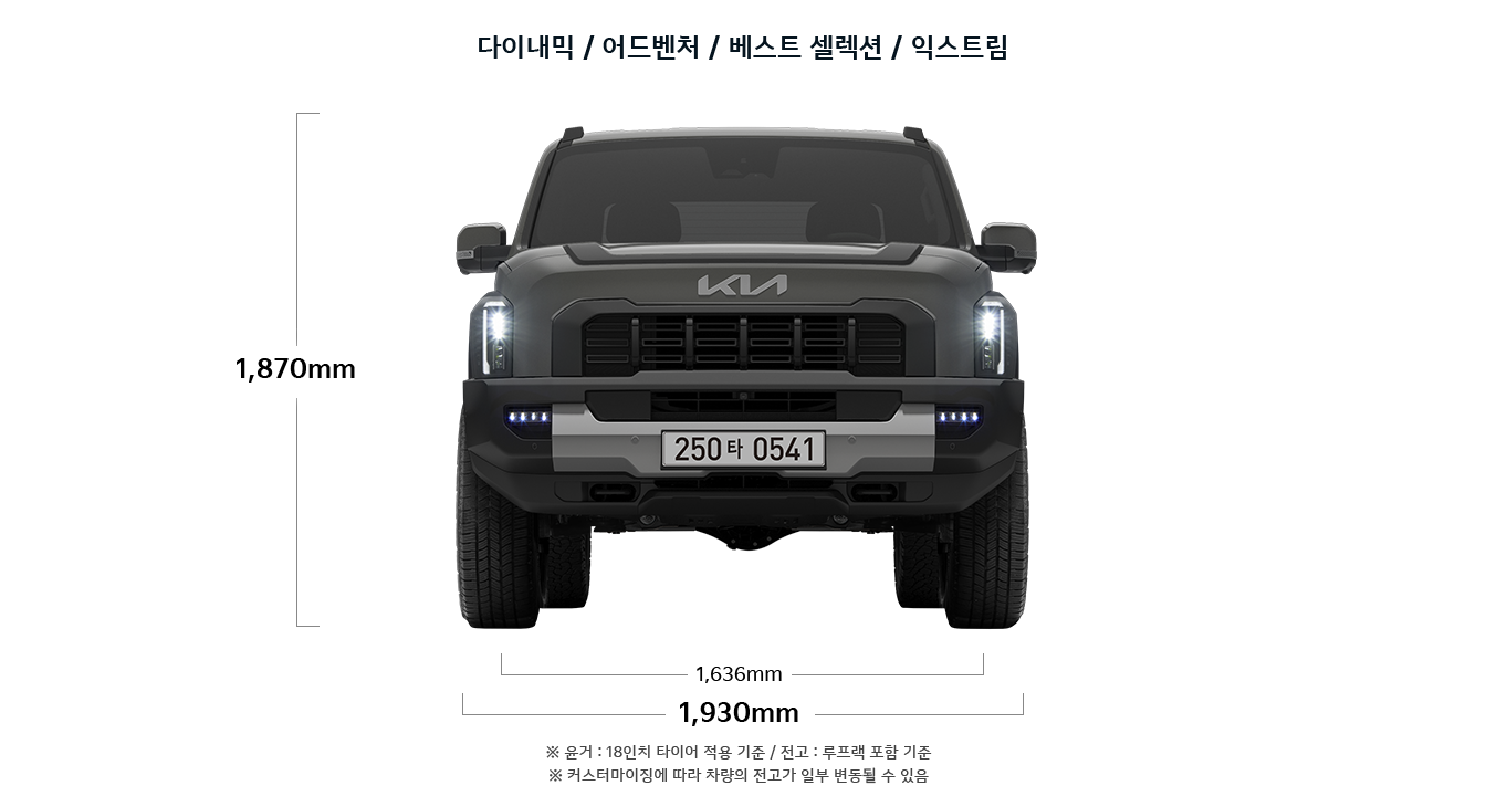 타스만 다이내믹/어드벤처/베스트 셀렉션/익스트림 제원 정면 : 전고 1,870mm, , 윤거 전 1,636mm, 전폭 1,930mm ※ 윤거 : 18인치 타이어 적용 기준 / 전고 : 루프랙 포함 기준 ※ 커스터마이징에 따라 차량의 전고가 일부 변동될 수 있음 